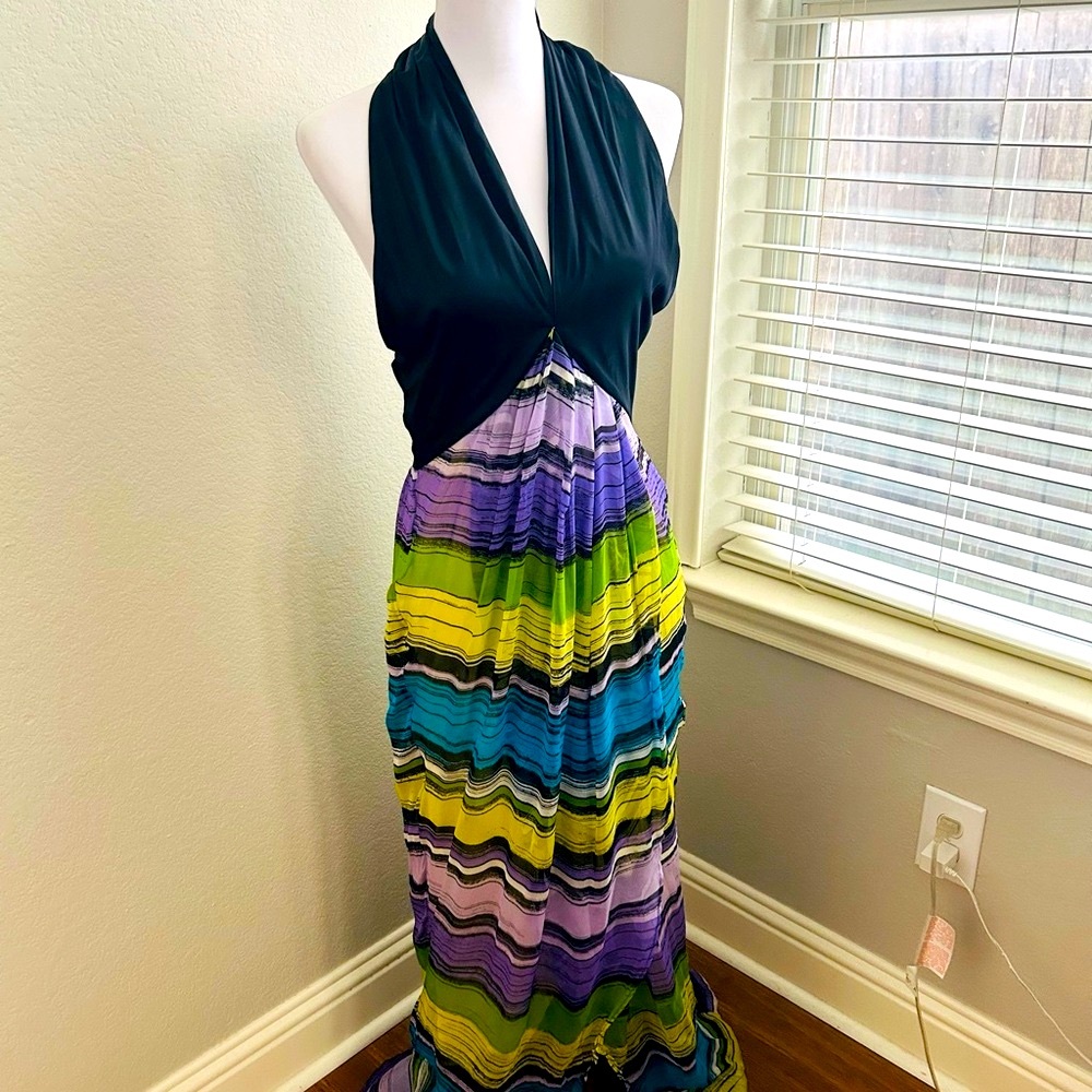 Bebe Sonara Silk Multicolor Halter Maxi Dress Y2K RARE S